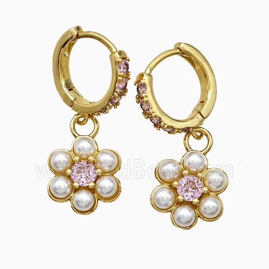 Copper Flower Hoop Earrings Pave Zirconia Pearlized Resin Gold Plated