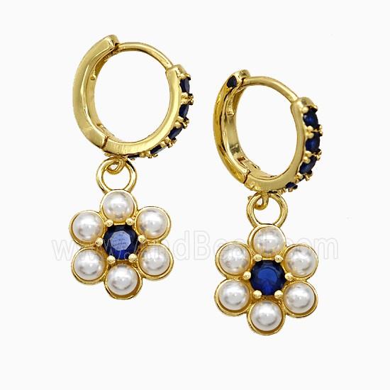 Copper Flower Hoop Earrings Pave Zirconia Pearlized Resin Gold Plated