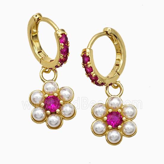Copper Flower Hoop Earrings Pave Zirconia Pearlized Resin Gold Plated