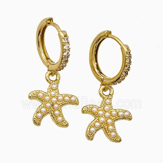 Copper Starfish Hoop Earrings Pave Zirconia Pearlized Resin Gold Plated
