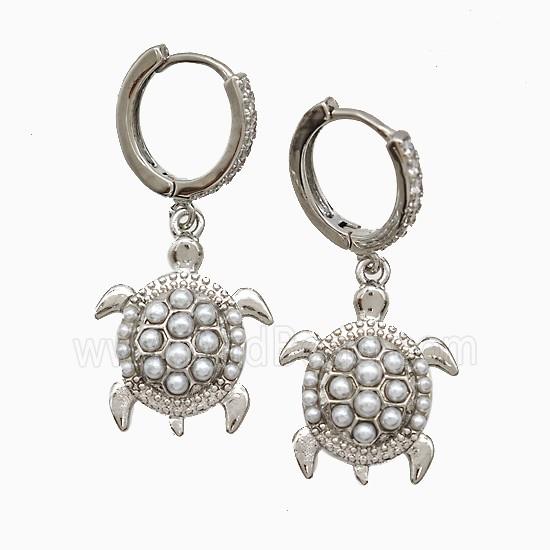 Copper Tortoise Hoop Earrings Pave Pearlized Resin Platinum Plated