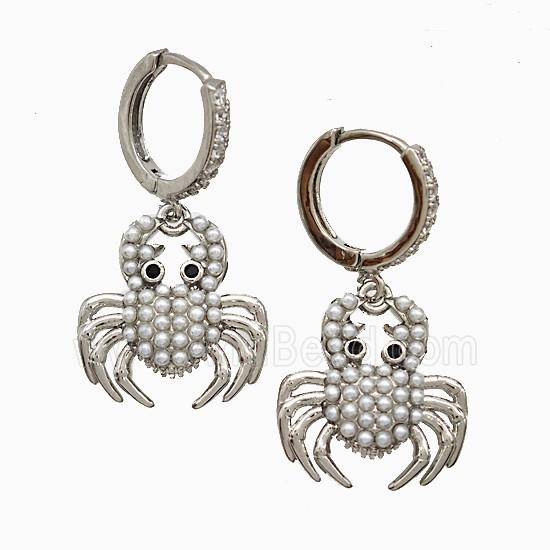 Copper Crab Hoop Earrings Pave Pearlized Resin Platinum Plated
