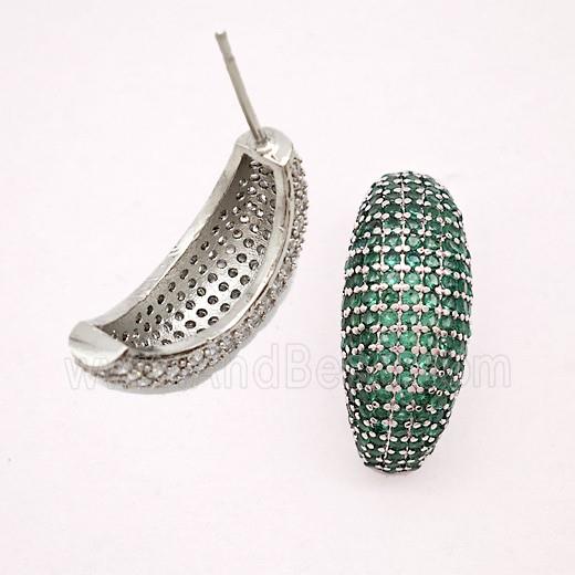 Copper Stud Earrings Micropave Green Zirconia Platinum Plated