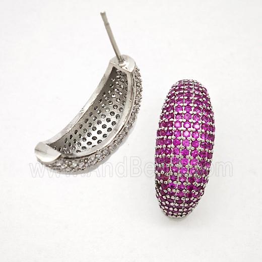 Copper Stud Earrings Micropave Fuchsia Zirconia Platinum Plated