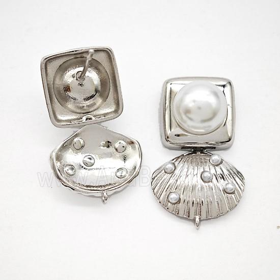 Copper Scallop Shell Stud Earrings Pave Pearlized Resin Platinum Plated
