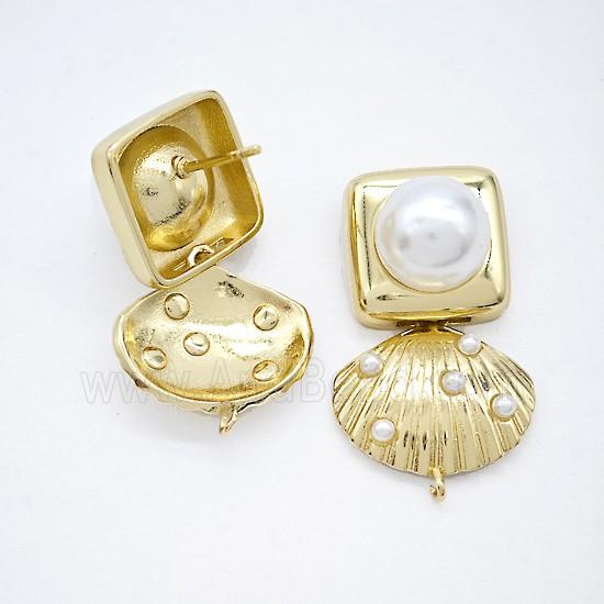Copper Scallop Shell Stud Earrings Pave Pearlized Resin Gold Plated