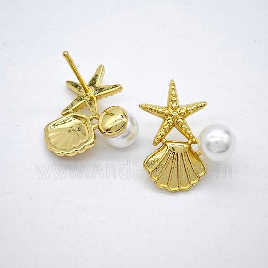 Copper Starfish Scallop Stud Earrings Pave Pearlized Resin Gold Plated