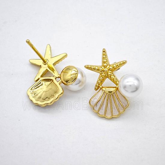 Copper Starfish Scallop Stud Earrings Pave Pearlized Resin Enamel Gold Plated