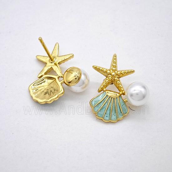 Copper Starfish Scallop Stud Earrings Pave Pearlized Resin Enamel Gold Plated