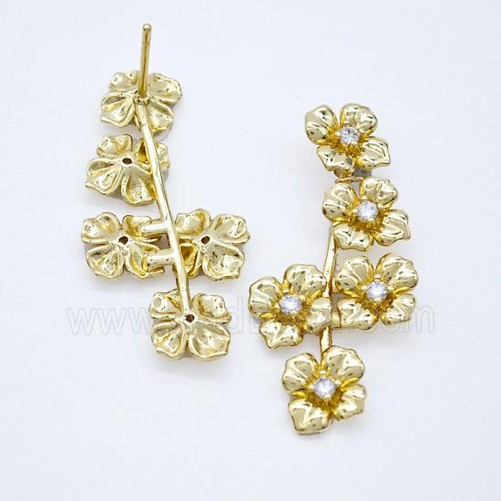 Copper Flower Stud Earrings Pave Zirconia Gold Plated