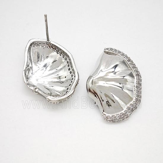 Copper Scallop Shell Stud Earrings Pave Zirconia Platinum Plated