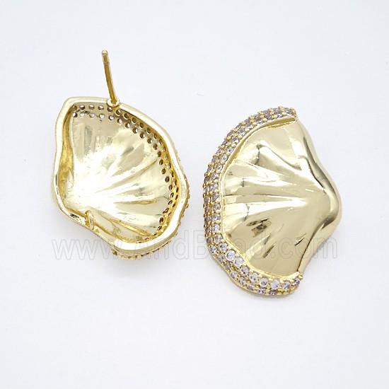Copper Scallop Shell Stud Earrings Pave Zirconia Gold Plated