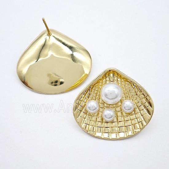 Copper Scallop Shell Stud Earrings Pave Pearlized Resin Gold Plated