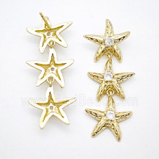 Copper Starfish Stud Earrings Pave Zirconia Gold Plated