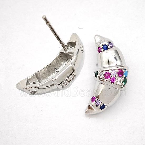 Copper Moon Stud Earrings Pave Multicolor Zirconia Platinum Plated