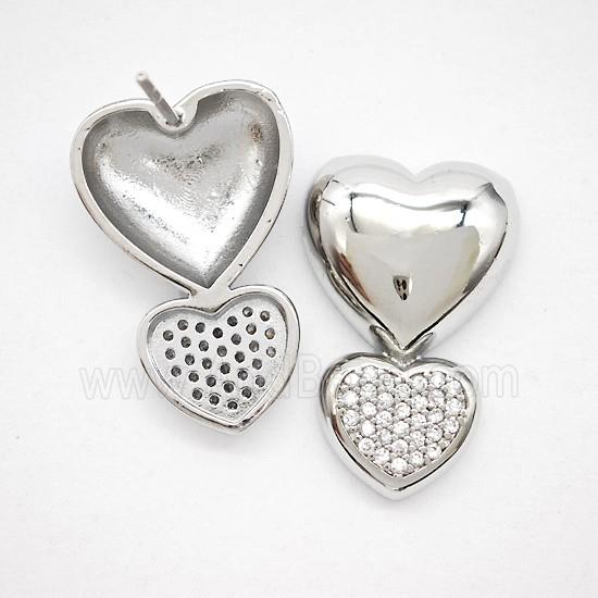 Copper Heart Stud Earrings Pave Zirconia Platinum Plated