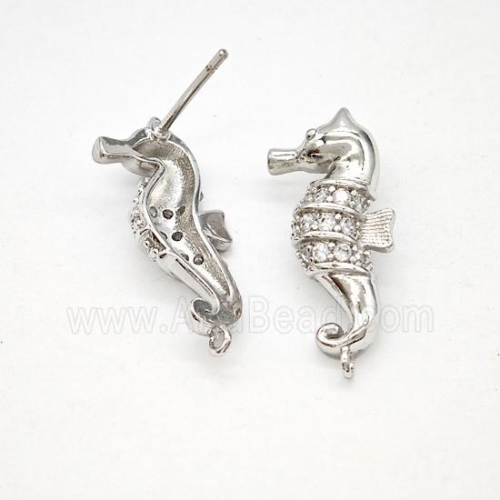 Copper Seahorse Stud Earrings Pave Zirconia Platinum Plated