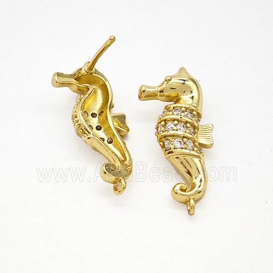 Copper Seahorse Stud Earrings Pave Zirconia Gold Plated