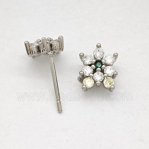 Copper Flower Stud Earrings Pave Zirconia Platinum Plated