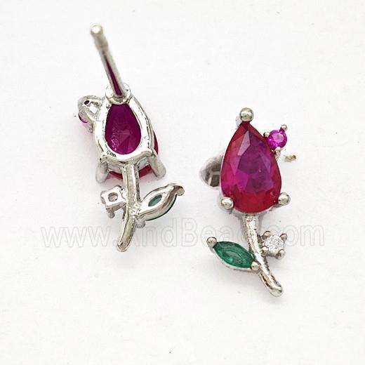 Copper Flower Stud Earrings Pave Crystal Glass Platinum Plated
