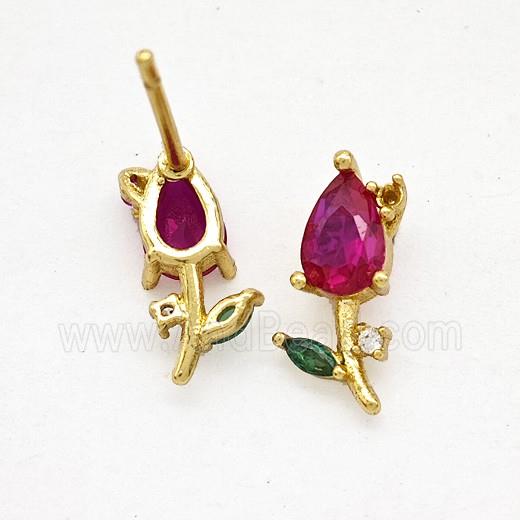 Copper Flower Stud Earrings Pave Zirconia Gold Plated