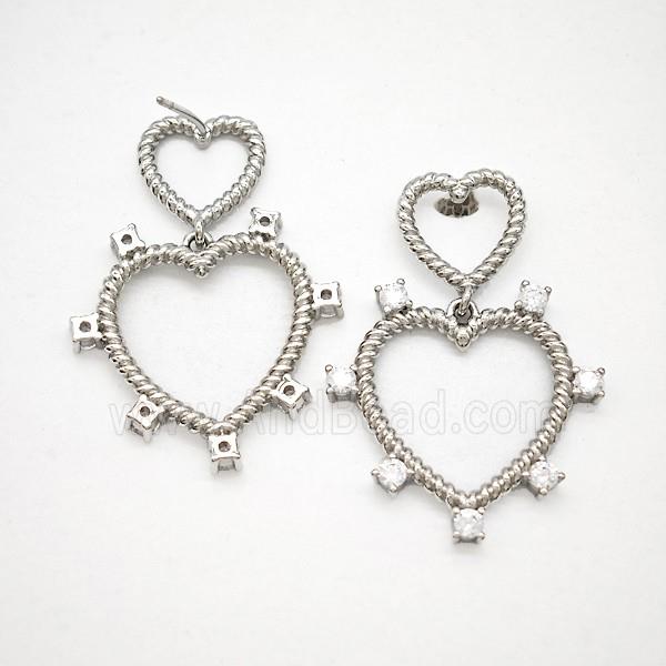 Copper Heart Stud Earrings Pave Zirconia Platinum Plated