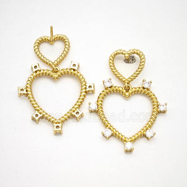 Copper Heart Stud Earrings Pave Zirconia Gold Plated