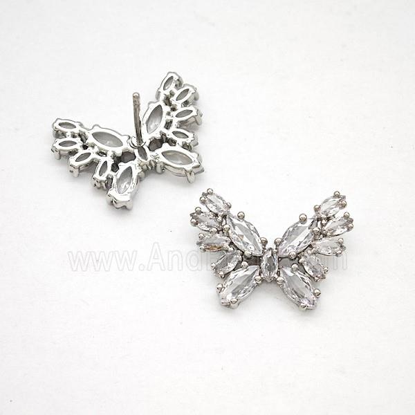 Copper Butterfly Stud Earrings Pave Zirconia Platinum Plated