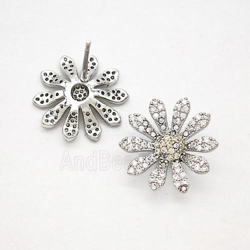 Copper Sunflower Stud Earrings Pave Zirconia Platinum Plated