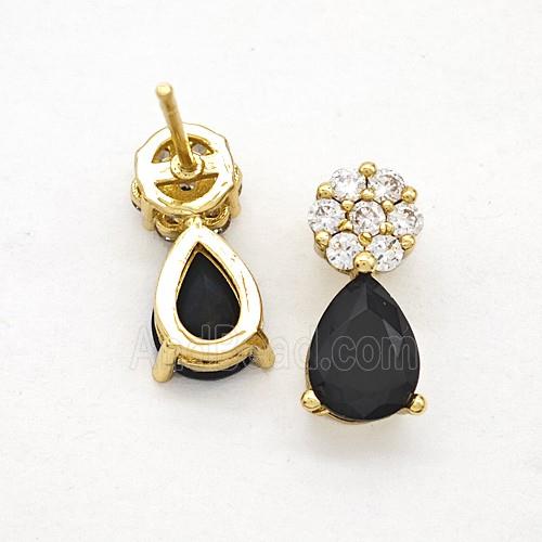 Copper Flower Stud Earrings Pave Zirconia Black Crystal Glass Teardrop Gold Plated