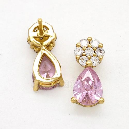 Copper Flower Stud Earrings Pave Zirconia Pink Crystal Glass Teardrop Gold Plated