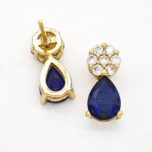Copper Flower Stud Earrings Pave Zirconia Blue Crystal Glass Teardrop Gold Plated