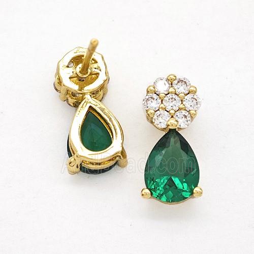 Copper Flower Stud Earrings Pave Zirconia Green Crystal Glass Teardrop Gold Plated
