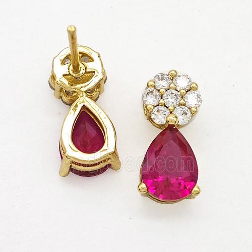 Copper Flower Stud Earrings Pave Zirconia Red Crystal Glass Teardrop Gold Plated