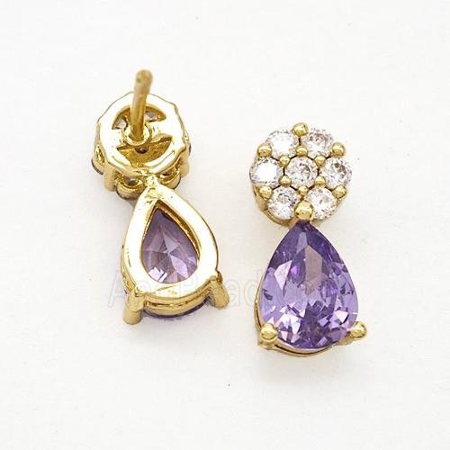 Copper Flower Stud Earrings Pave Zirconia Purple Crystal Glass Teardrop Gold Plated