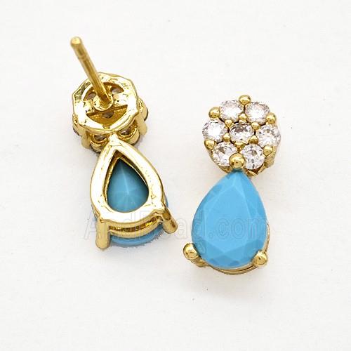 Copper Flower Stud Earrings Pave Zirconia Blue Crystal Glass Teardrop Gold Plated