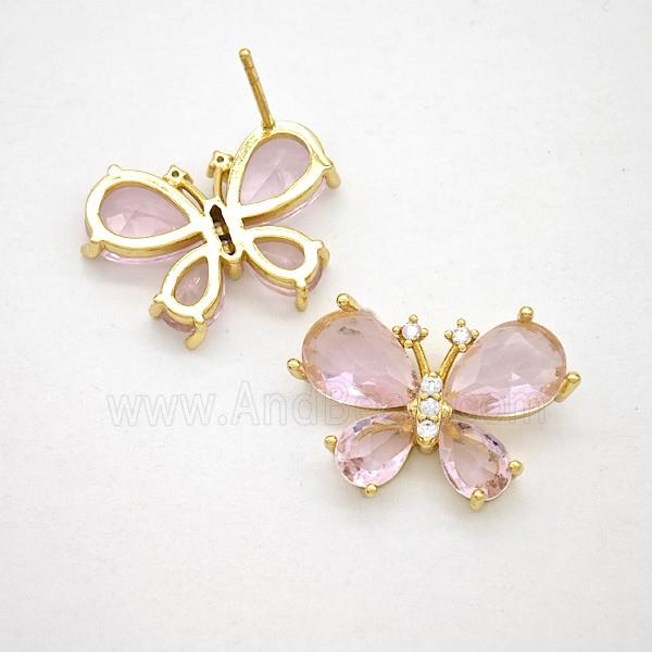 Copper Butterfly Stud Earrings Pave Pink Crystal Glass Gold Plated