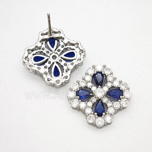 Copper Flower Stud Earrings Pave Zirconia Blue Crystal Glass Platinum Plated