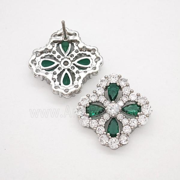 Copper Flower Stud Earrings Pave Zirconia Green Crystal Glass Platinum Plated