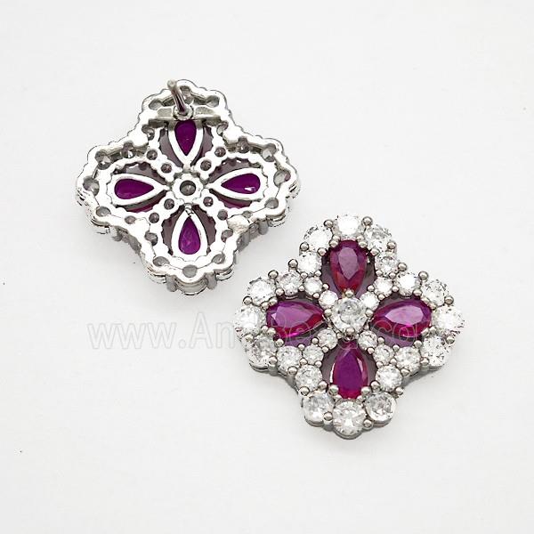 Copper Flower Stud Earrings Pave Zirconia Fuchsia Crystal Glass Platinum Plated