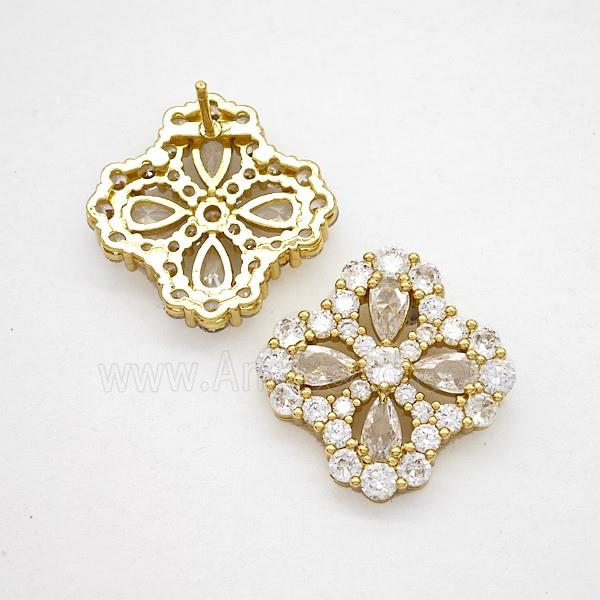 Copper Flower Stud Earrings Pave Zirconia Crystal Glass Gold Plated