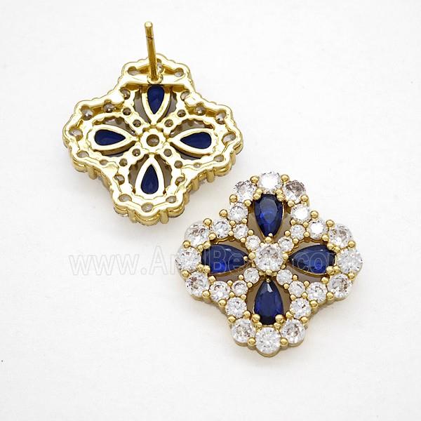 Copper Flower Stud Earrings Pave Zirconia Blue Crystal Glass Gold Plated