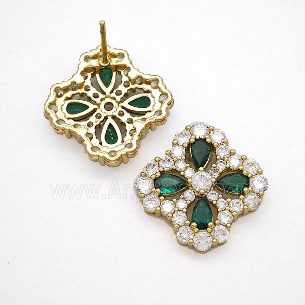 Copper Flower Stud Earrings Pave Zirconia Green Crystal Glass Gold Plated