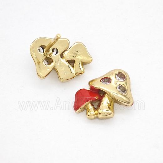 Copper Mushroom Stud Earrings Pave Zirconia Red Enamel Gold Plated