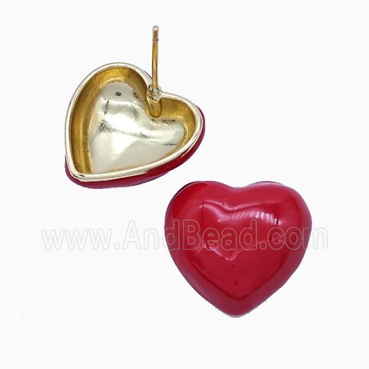 Copper Heart Stud Earrings Red Enamel Gold Plated