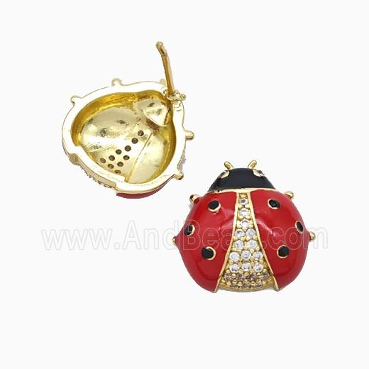 Copper Ladybug Stud Earrings Pave Zirconia Red Enamel Gold Plated