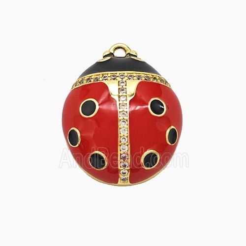 Copper Ladybug Pendant Pave Zirconia Red Enamel Gold Plated