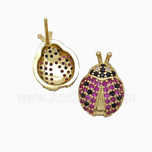 Copper Ladybug Stud Earrings Pave Zirconia Gold Plated