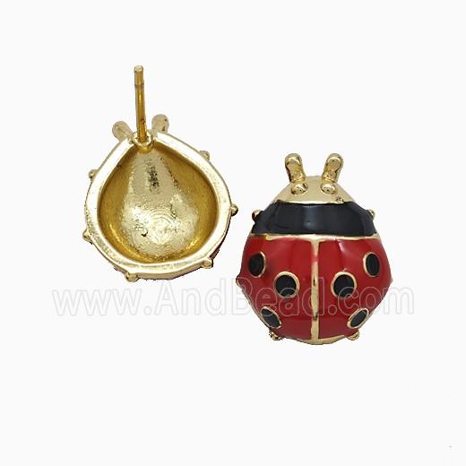 Copper Ladybug Stud Earrings Red Enamel Gold Plated
