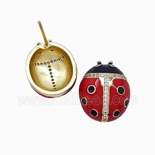 Copper Ladybug Stud Earrings Pave Zirconia Red Enamel Gold Plated